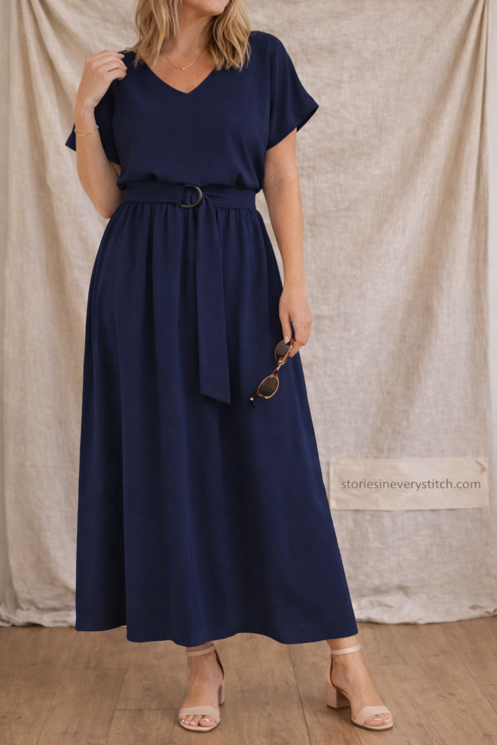 Classic V-Neck Belted Maxi Dress