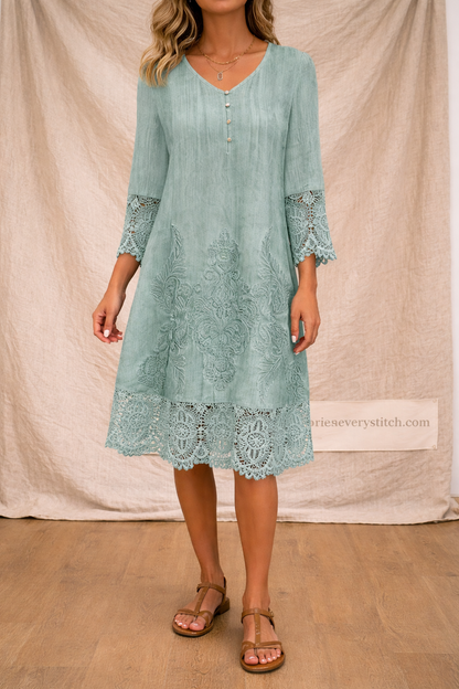 Lace Trim Button Midi Dress