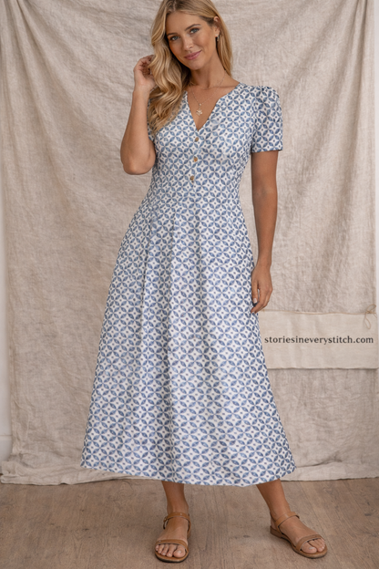 Printed V-Neck Midi Dress