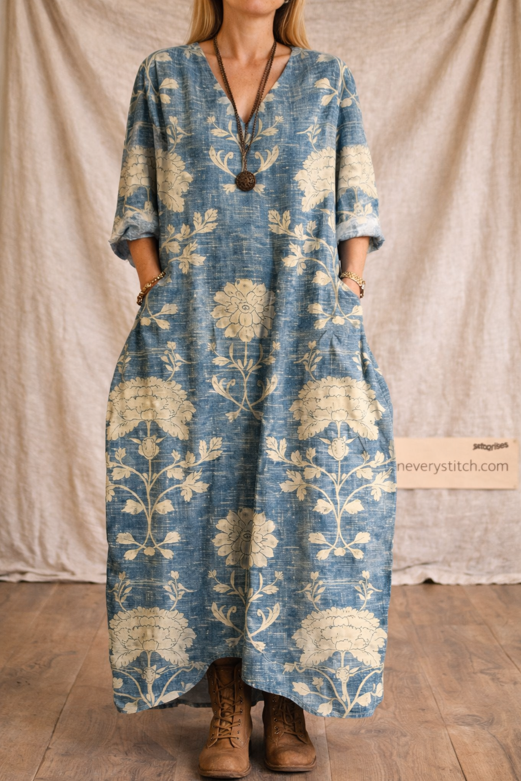 Bohemian Patchwork V-Neck Midi Dress