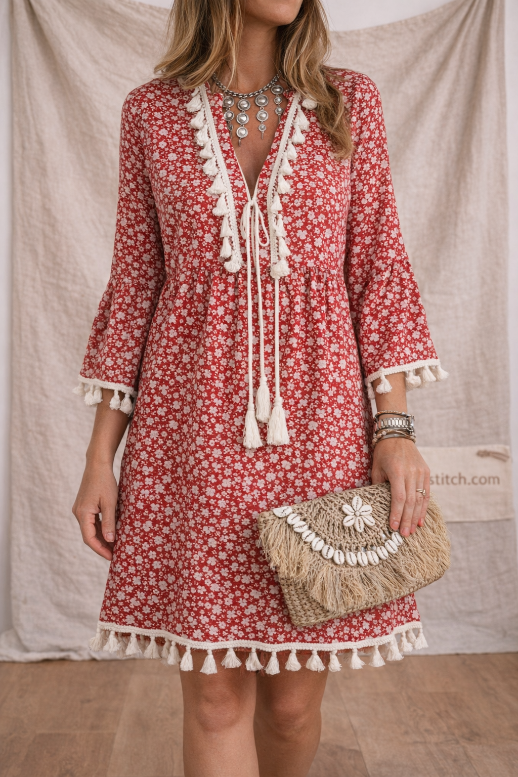Boho Tassel Trim Printed Mini Dress