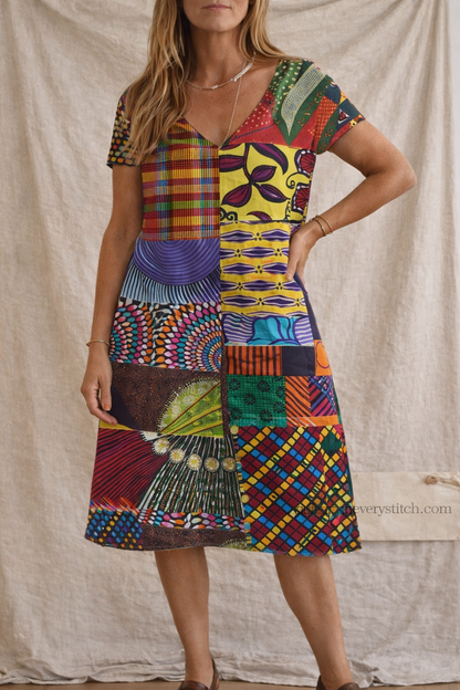 Colorblock Patchwork V-Neck Mini Dress