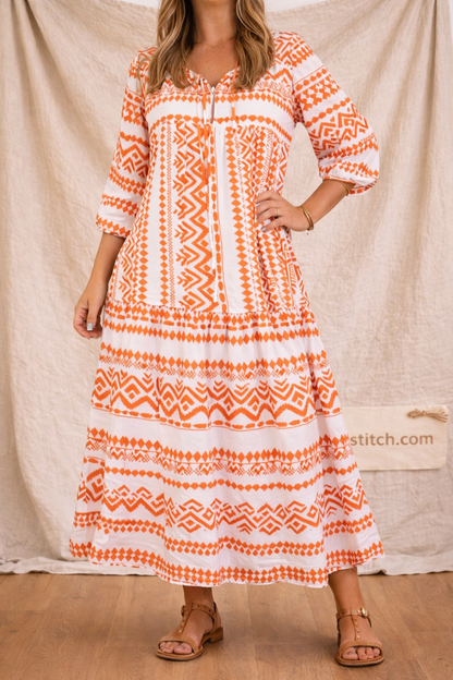 Puff Sleeve Dress - Geometric Print