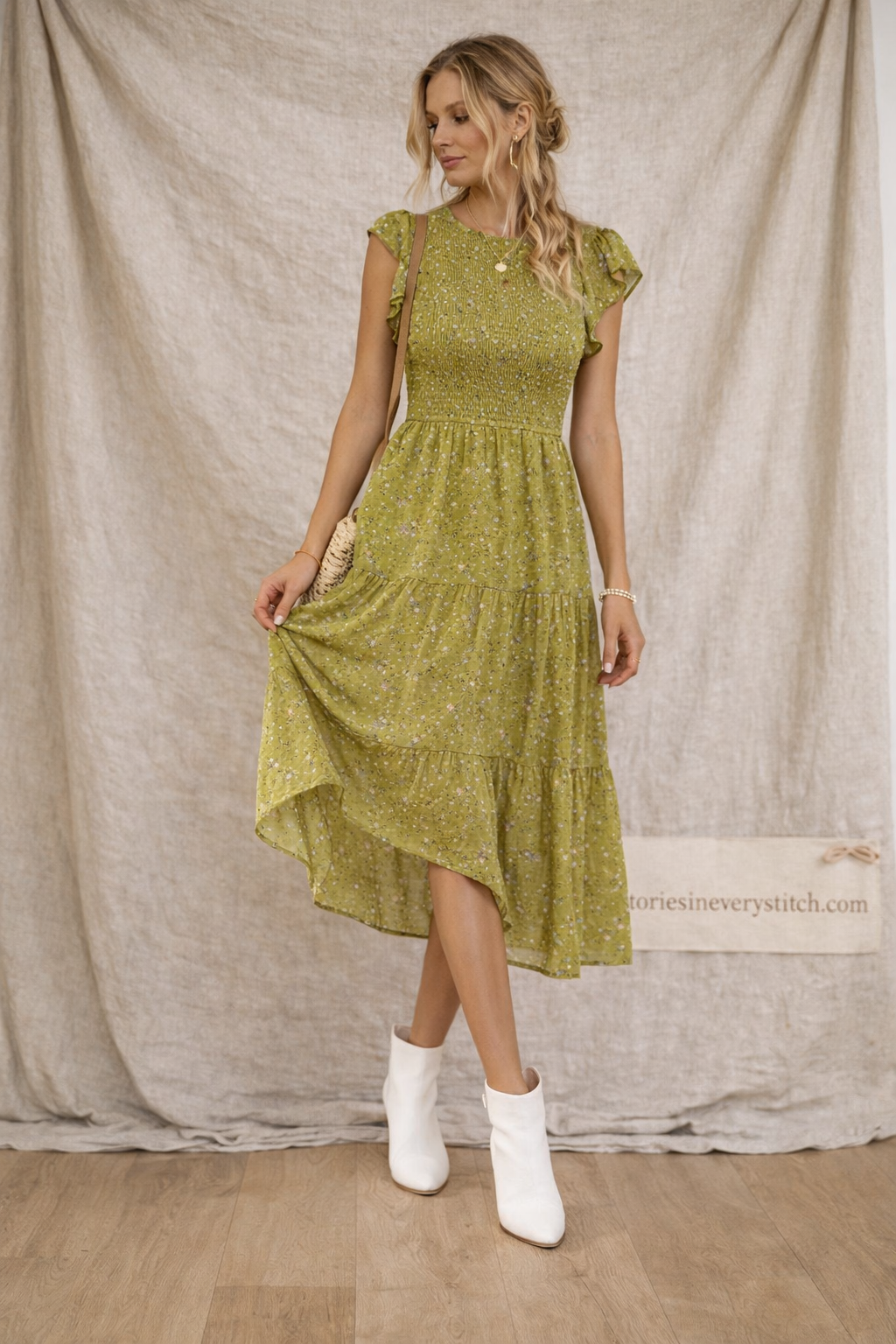 Printed Ruffle Sleeve Midi Dress