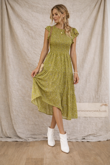 Printed Ruffle Sleeve Midi Dress