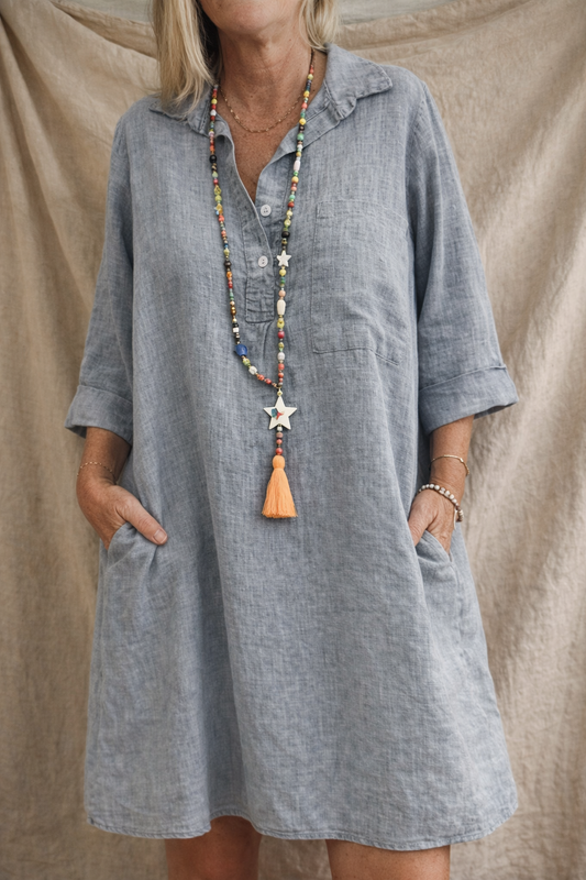 Relaxed Button-Front Shirt Dress with Pockets – Easy Flowy Fit